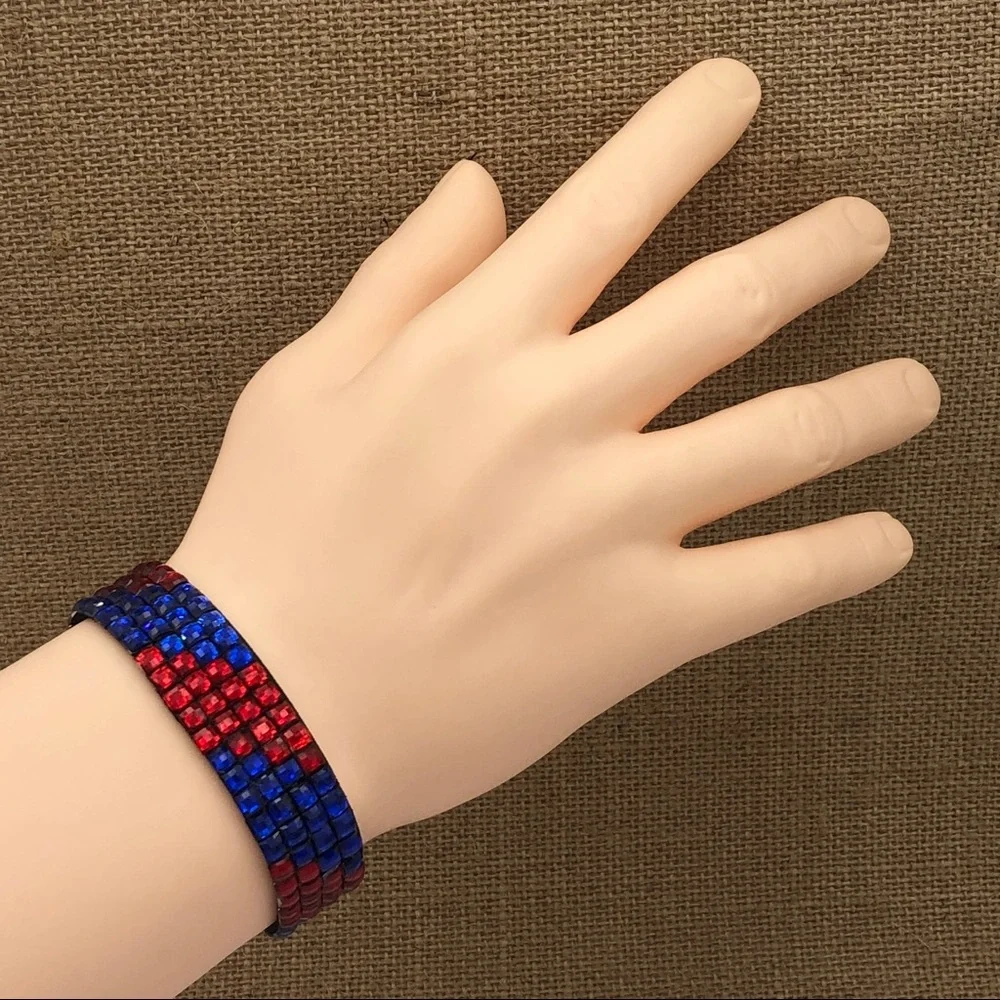 🌼 Team Colors Bling Strap Wrap Gem Bracelet - Red Blue Black Clear Combo